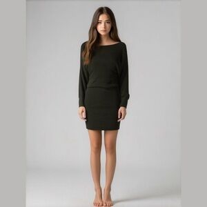 REVAMPED Bodycon Mini Dress Boatneck Dolman Sleeves Ribbed Blk Sz M